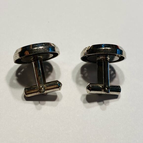 Vintage Mid Century Cufflinks silvertone & dark green stone classic rounds - Picture 2 of 6